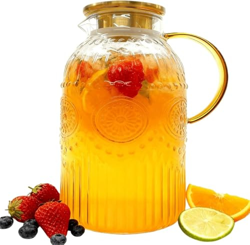 Carafe en Verre 3,6 Litres, Pichet en Verre avec Couvercle et Anse bec Verseur Anti-Fuites pour Réfrigérateur, Carafe Eau avec Boissons Chaudes ou Froides Thé Glacé Lait Vin Jus Café
