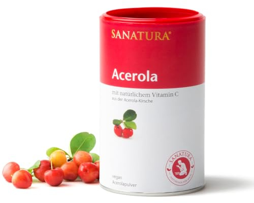 Sanatura Acerola – 175 g Acerola Pulver – natürliches Vitamin C hochdosiert – aus der Acerolakirsche – einfache Anwendung, sehr ergiebig, vegan | natürliches Vitamin C hochdosiert, aus der Acerolakirsche, einfache Anwendung, sehr ergiebig, vegan