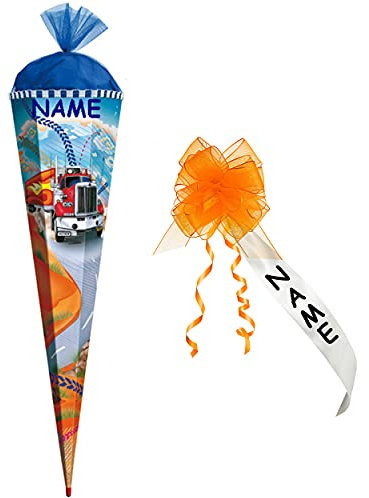 Schultüte - Truck 85 cm - incl. Namen und individueller Schleife mit Holzspitze/Tüllabschluß - Zuckertüte Roth LKW Auto Autos Straße Fahrzeug Fahrzeuge