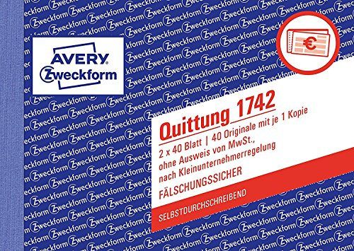 Doppel-Pack Avery Zweckform 1742 Quittung Kleinunternehmer (A6 quer, selbstdurchschreibend, 2x40 Blatt) weiß/gelb