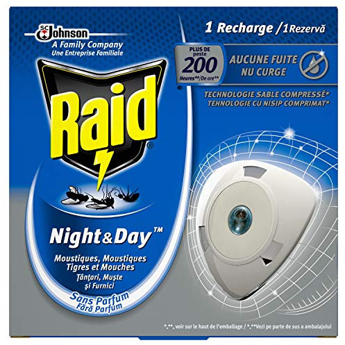 Raid Recharge pour Diffuseur Électrique à Sable Compressé, Anti-Moustiques, Moustiques Tigres et Mouches, Night & Day, Insecticide