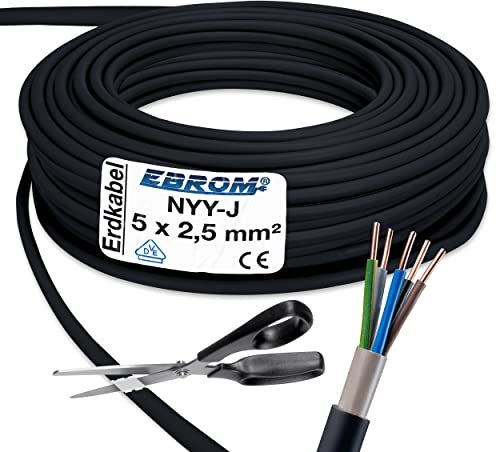 EBROM Erdkabel NYY-J 5x2,5 mm² - Starkstromkabel - PVC Erdleitung - schwarz - Meterware auf den Meter genau - Auswahl in 1 Meter Schritten, viele Längen - NYY-J 5x2,5 mm2 - Ihre Länge: 142 Meter