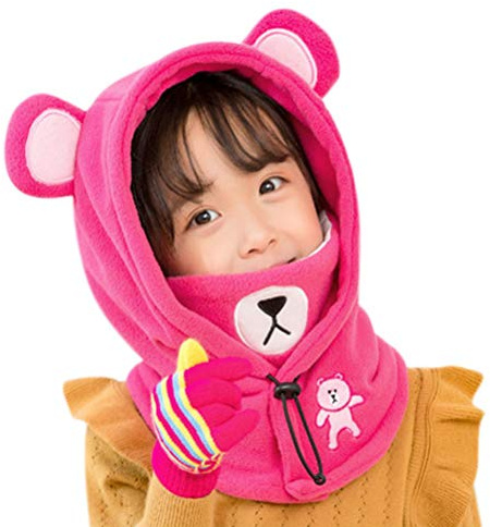 ITODA Kids Windproof Balaclava Hood Hat Warm Full Face Mask Boys Girls Cute Bear Fleece Winter Cap Neck Warmer Thermal Skiing Hooded for Children 5-10 Years