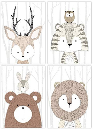 Pandawal Waldtiere Deko Kinderzimmer Bilder Set 4er Poster Babyzimmer Wanddeko grau neutral DIN A4