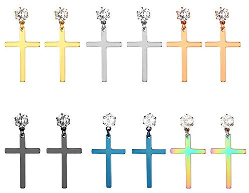 Flongo Herren Ohrstecker Creolen Damen Ohrringe aus Edelstahl Silber Schwarz Rose Gold Blau Bunt Stecker mit Kette Kreuz Anhänger Jahrgang Männer, Frauen 6 Paar Set