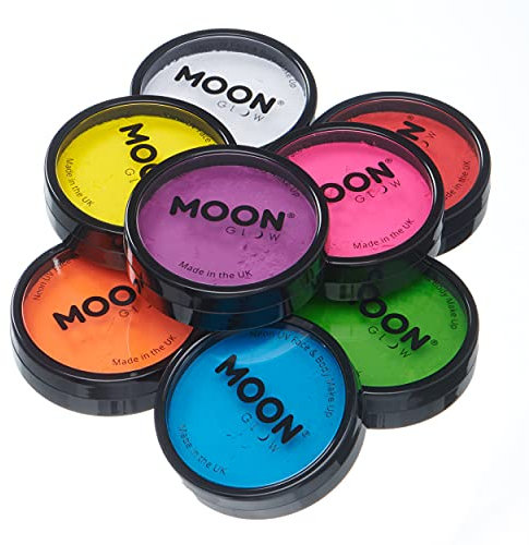 Pro Intense Neon UV Face & Body Paint Cake Pots by Moon Glow - Professional Water Based Face Paint Makeup for Adults, Kids - Available in 8 colours (Set of 8)