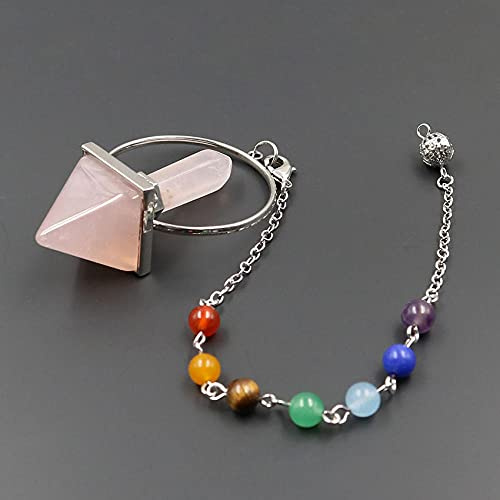 Rose Rosa Quarzs Pyramide Pendel 7 Chakra Steine ​​Dowsing Reiki Heilungspunkt Yoga Balance Kristall Spirituelle Energie Schmuck-Silber überzogen_CHINA