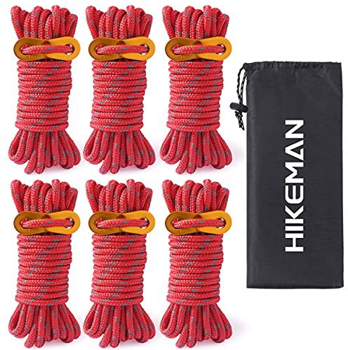 HIKEMAN 5mm Reflektierend Abspannseile Seil - Schnüre Seile Leichte Abspannleine Zeltschnur mit Aluminum Seilspanner für Zelt Zeltplane Camping (Rot)