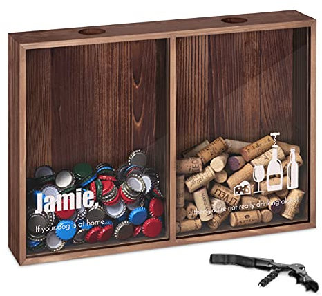 Maverton Cork & Bottle Caps Collector - Mounted Wooden Box with a Transparent lid - Corkscrew and Bottle Opener Attached - Personalised Gift for Men and Women - Bottles