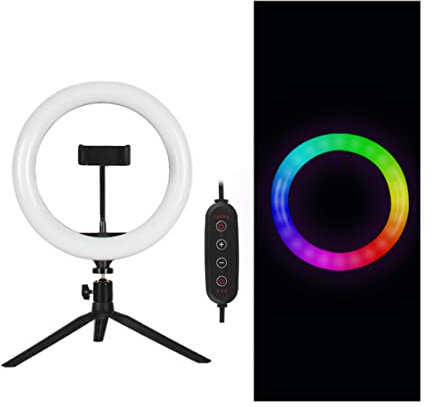ZONADAH Anneau de maquillage RVB de 10 pouces à intensité variable, support de téléphone, lampe circulaire portable de bureau, pour le streaming, les réunions en ligne, les vidéos sur les réseaux