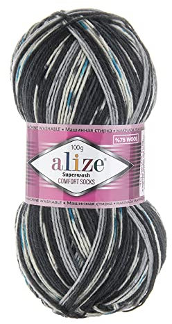 100g Sockenwolle Superwash Comfort 4-fädig Schurwolle Sockengarn Farbauswahl, Farbe:7650 anthrazit grau blau creme