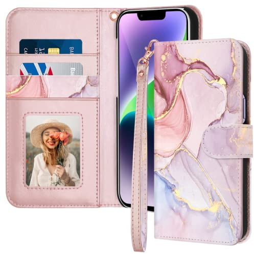 Fingic for iPhone 14 Plus Case,for iPhone 14 Plus Phone Case Wallet,Marble Rose Gold Leather Magnetic Closure Kickstand Shockproof PC Bumper Cardslot Fullbody Protective Case for iPhone 14 Plus,2022
