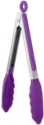 U-Taste 23cm 315℃ Pinzas de cocina de silicona resistentes al calor con puntas de goma antiadherentes firmemente selladas, mango de acero revestido de silicona y bloqueo suave para barbacoa (Púrpura)