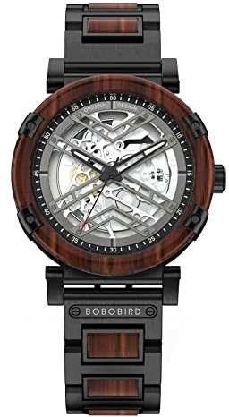 BOBO BIRD Automatische mechanische Herren-Armbanduhr, X-Serie, Retro-Luxus, 45 mm, Skelett, Edelstahl, Holz-Uhren, Rot/Ausflug, einfarbig (Getaway Solids), Mechanisch