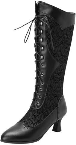 COOLCEPT Damen Vintage Viktorianische Stiefel Schnüren Kniehoch Stiefel Almond Toe Black Große 39