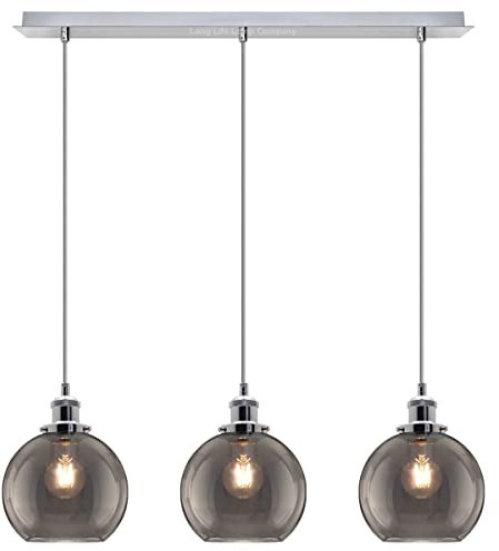3 Lights Pendant Light Cluster Mini Glass Globe Shades Smoked Grey, Vintage Industrial Chrome Ceiling Lamp Fixture H3044