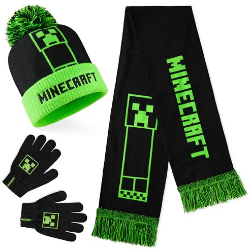 Minecraft Écharpe, Gant et Bonnet pour Garçon, Accessoires Hiver - Gaming Cadeau Enfants (Vert/Noir, 4-7 Ans)