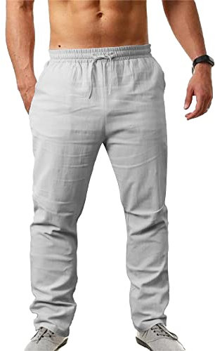 NANAMEEI Herren Leinenhose Lang mit Kordelzug Leicht Sommer Strand Freizeit Gummibund Grau 2XL