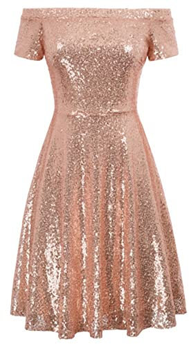 Superbe robe patineuse à paillettes à manches courtes et épaules, rose gold, M