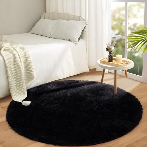 Aspire Homeware Round Rugs Living Room - Black Area Rugs 120x120cm for Bedroom Anti Slip - Modern Super Soft Thick Pile Small Fluffy Shaggy Rug Non Shedding