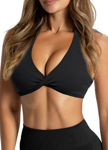 TZLDN Sport BH Rückenfrei Damen Tiefe V-Ausschnitt Push Up Crossback Sexy Gepolstert Bustier Schlaf Crop Top Yoga Bra Bralette Oberteile ohne Bügel Gym Workout B01 Schwarz L