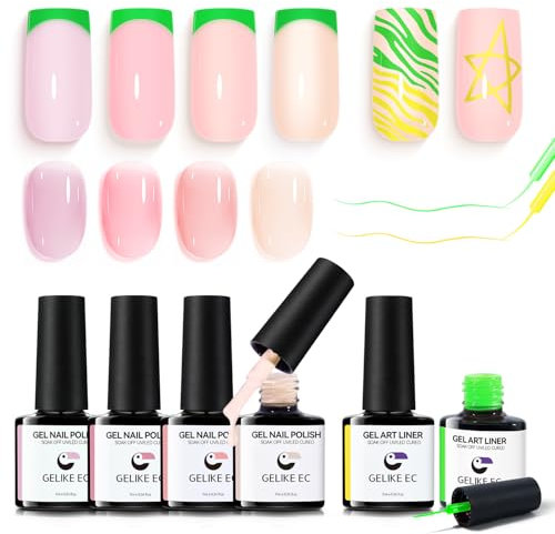 Gelike ec Sheer Nude Nagellack – Jelly Light Pink Nagellack mit Yellow Green Gel Liner Set Jelly GelPolish Soak Off UV für Nail Art French Maniküre zu Hause 7 ml 6 Stück
