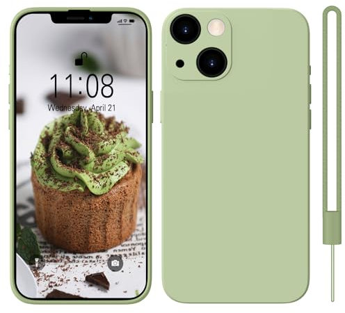 HGH Silikon Hülle Kompatibel mit iPhone 13 Hülle mit Kette, Ganzkörperschutz handyhülle mit Seidig-Weicher Berühren, Hülle mit Mikrofaser-Futter für iPhone 13 case Cover 6,1 Zoll, Matcha-Grün