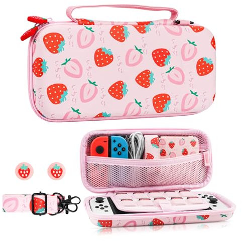 HYPERCASE Étui de transport rose fraise compatible avec Nintendo Switch/OLED, ensemble d'accessoires de voyage portables pour console Switch avec 10 emplacements pour cartes de jeu, bandoulière et 2
