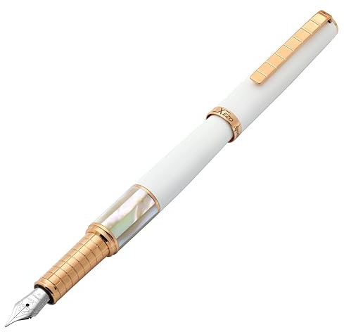 Xezo Speed Master Füllfederhalter, Feine Feder. Matt Weiße Farbe mit Weißer Mutterperle. Roségold beschichtet. Leichter Messingkörper. Keiner gleicht dem Anderen