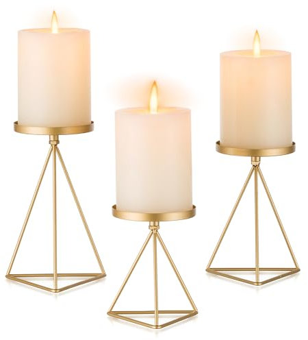 Inweder 3 Pcs Gold Geometric Pillar Candle Holders: Vintage Candle Tray Metal Candle Stand for Table Centrepiece Fireplace Wedding Christmas Home Decor