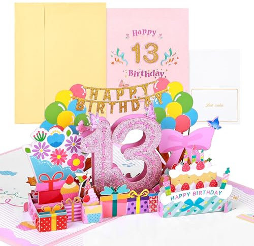 Joyoldelf 13 Jahre alte Geburtstagskarte, Pop Up Grußkarten, 3D Pop Up Karte Geburtstag Grußkarte, Geburtstagskarten mit Umschlag für Frauen Mütter Mädchen Freunde Romantik Geschenk-Karte