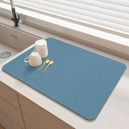 SOQKEEN Alfombrilla Escurreplatos, 40 x 30 cm Alfombrilla Fregadero Cocina Plegable, Alfombrilla Cafetera, Alfombra Escurreplatos Antideslizante para Mostrador de Encimera Cocina, Cafetera, Azul