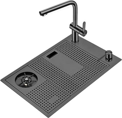 Küchenspüle mit Wasserhahn + Unterlegscheibe, quadratisch, aus gebürstetem Edelstahl, Einbau- oder Unterbauinstallation (Color : C, Size : 60x38cm)