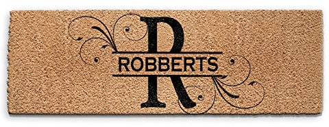 Personalised Doormat (60cm x 180cm) Medium, Customise with Name, Initial Floral, Text, Coconut Core Fibre Heavy Duty Mat, Rug, Family Name and Initial Floral Indoor Natural Coir Ultra Wide Door Mat
