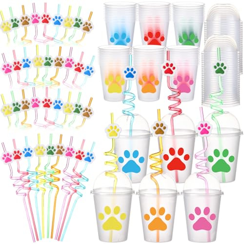 Qinyoung 48 Sets Colorful Dog Paw Print Sippy Cups with Straws and Lids, 12 oz Clear Plastic Dog Paw Party Cups with Dome Lids for Baby Shower Birthday Party Supplies