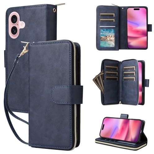 Unichthy For iPhone 16 Plus Case 9 Card Holder Zipper Bag with Strap Shockproof Leather Flip Wallet Handbag Zip Pocket Phone Cover Stand Folio Magnetic Purse for iPhone 16 Plus Blue