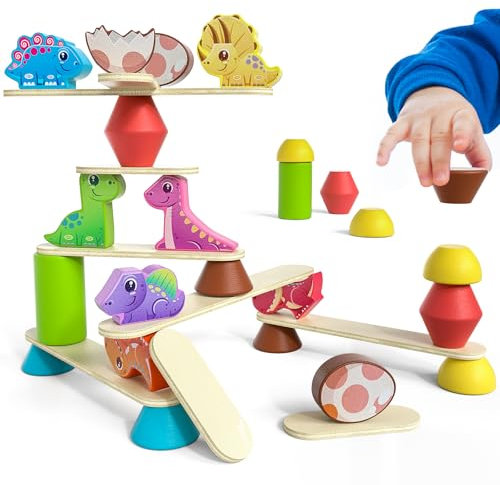 Montessori Dinosaur Toys for 1-4 Year Old Toddlers, Early Education Wooden Blocks for Ages 2-4 Boys Girls, Sorting, Stacking & Balance Toys, Ideal Preschool Birthday Gift