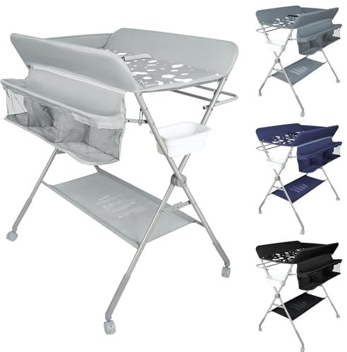 OHMG Baby Wickelkombi Klappbare Wickelkommode,Wickeltisch mit Rollen,Mobiler Wickeltisch mit Wickelauflage,Sicherheitsgurt und Ablagefächern,Wasserdicht und Höhenverstellbar,Stabil