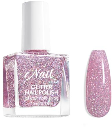 DMQ Glitter Nail Varnish, Pink Nail Polish, Diamond Glitter Quick Dry Nail Polish Gel, Pink Shimmer Holographic Nail Gel - No UV Lamp Curing, Long Lasting, Chip Resistant, Home Manicure 10ML