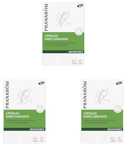 PRANAROM - Aromaforce - Cápsulas Nariz-Garganta - con Aceites Esenciales - Orégano Vulgare - Mantenimiento de la Salud de las Vías Respiratorias - Limón 100% Orgánico - 30 Cápsulas. (Paquete de 3)