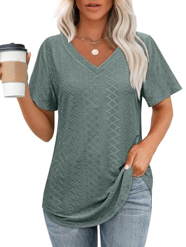 OFEEFAN Womens Tops Dressy Casual V Neck Short Sleeve Cute Plus Size T Shirts 2026 Spring Flowy Tees Summer Beach Vacation Outfits for Women Fashion Clothes Clothing Green 2XL
