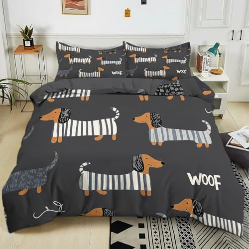 Generisch Kinder Bettwäsche Set 135x200 cm Cartoon-Tier Dackel Wendebettwäsche Polyester Baumwolle Bettbezug Set für Jungen Mädchen, Betten Set 1 Bettbezug und 2 Kissenbezüge
