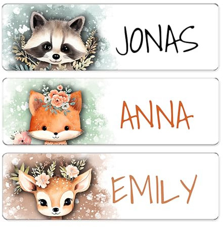 MANOUKI | Namensaufkleber Kinder für Kleidung/Textil und Gegenstände 50-200 Stück | Süße BOHO Waldtiere | personalisiert + wasserfest | Namensetiketten für Kindergarten/Kita und Schule (50 Stück)