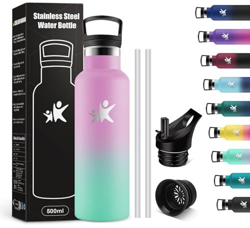 KollyKolla Botella Termica Niños 500ml, Botella Agua con Pajita, Fácil de Limpiar, Reutilizable, Cantimplora Termica, Sin BPA, a Prueba de Fugas, para Niña, Niño, Escuela, Camping, Colegio, Viaje