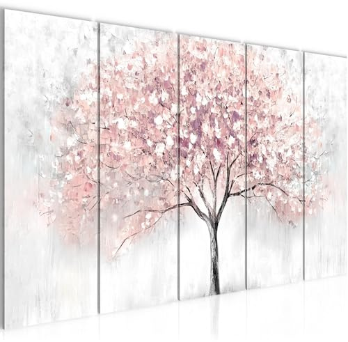 Runa Art Wandbilder XXL Baum Herbst Wohnzimmer Schlafzimmer 200 x 80 cm Grau Rosa 5 Teilig - Made in Germany - 053255b