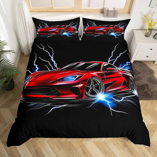 Homewish Rot Rennen Auto Bettwäsche 135x200, Weißer Blitz Schmücken Extreme Sport Thema Bettbezug Set für Jungen Jugendliche, Cool Sport Auto Kinder Teens Männer Dekor Bettwäsche Set Mikrofaser