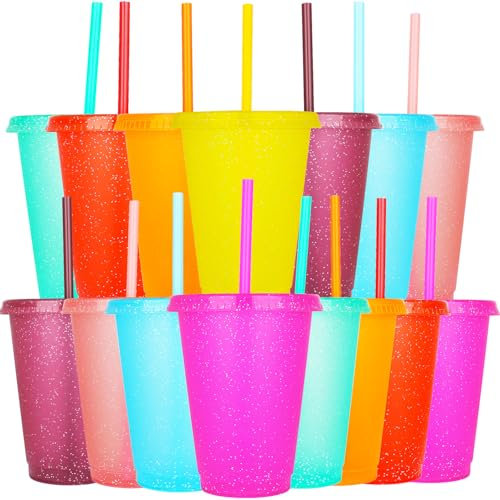 Yisituo Lot de 15 gobelets réutilisables en plastique de 480 ml avec couvercle et paille pour boissons froides, café glacé, voyage et smoothies (couleur pailletée)