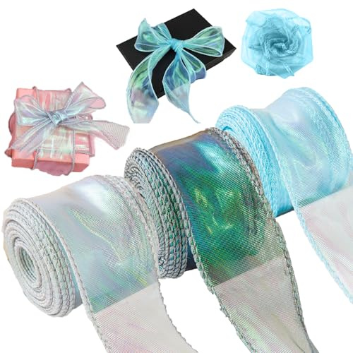 Diyxisk 3er Set Organzaband 4cm x 9m Transparentes Chiffonband & Schleifenband Schimmerndes Geschenkband für Blumen, Deko Hochzeit (Silber, Grün, Blau)