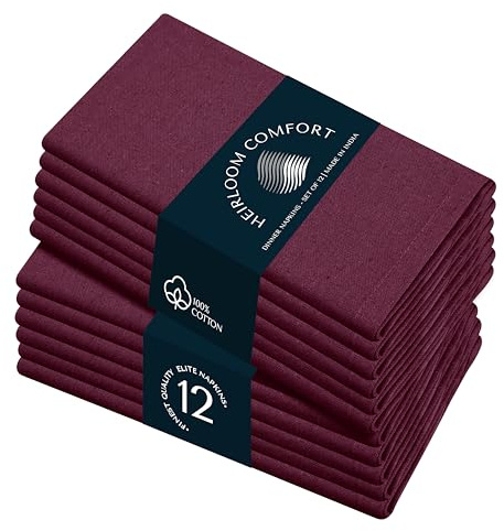 HEIRLOOM COMFORT Stoffservietten, Weinrot, 43 x 43 cm, 100 % Baumwolle, weich, saugfähig, waschbar, wiederverwendbar, 12 Stück, Hotelqualität, Tischservietten für Hochzeit, Empfänge, Abendessen