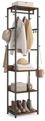 VASAGLE Clothes Rack, Coat Rack Stand with Hanging Rail and Hooks, Hall Tree with Shelves, Steel Frame, for Clothes, Bags, Hats, Ink Black and Rustic Brown RCR061BD04